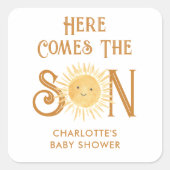 Hier komt het Baby shower van de zoon Vierkante Sticker (Voorkant)
