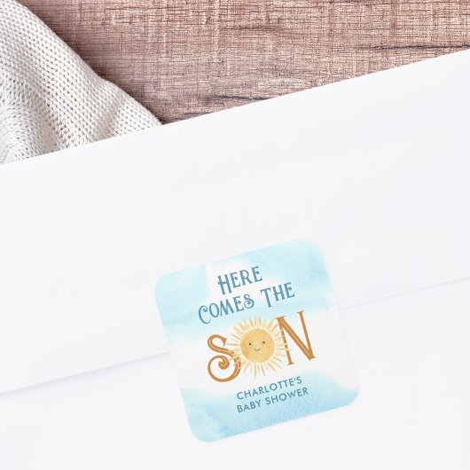 Hier komt het Baby shower van de zoon Vierkante Sticker