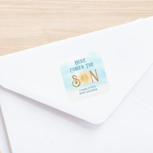 Hier komt het Baby shower van de zoon Vierkante Sticker