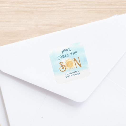 Hier komt het Baby shower van de zoon Vierkante Sticker