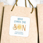 Hier komt het Baby shower van de zoon Vierkante Sticker