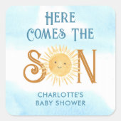 Hier komt het Baby shower van de zoon Vierkante Sticker (Voorkant)