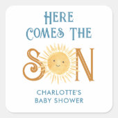 Hier komt het Baby shower van de zoon Vierkante Sticker (Voorkant)