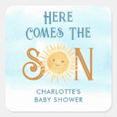Hier komt het Baby shower van de zoon Vierkante Sticker (Voorkant)