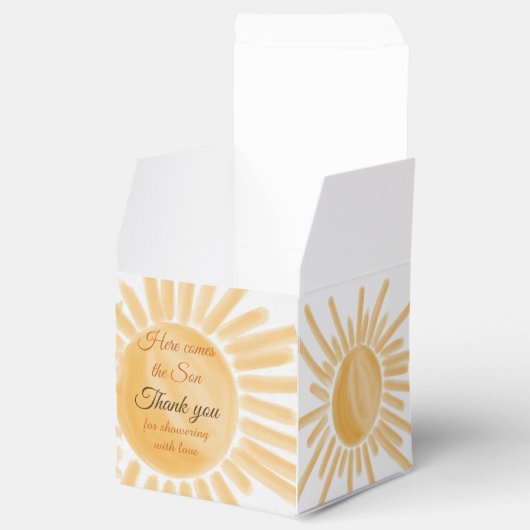 Hier komt het Baby shower van de Zoon Zonneuwen Bedankdoosjes (Geopend)