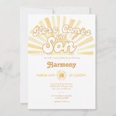 Hier komt het Baby shower van Son Sunshine Kaart (Voorkant)