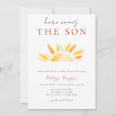 Hier komt het Baby shower van Son Sunshine Kaart (Voorkant)