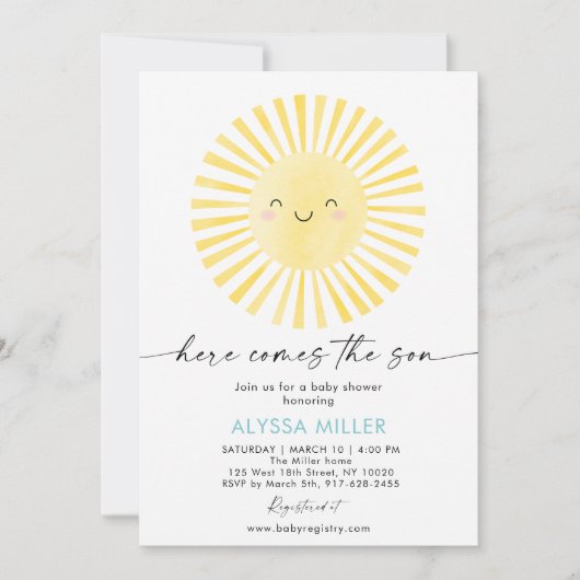 Hier komt het Baby shower van Son Sunshine Kaart (Voorkant)