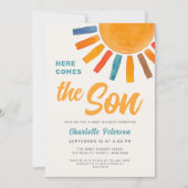 Hier komt het Baby shower van Son Sunshine Kaart (Voorkant)
