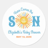 Hier komt het Baby shower van Son Sunshine Ronde Sticker (Voorkant)