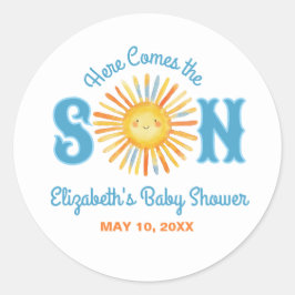 Hier komt het Baby shower van Son Sunshine Ronde Sticker
