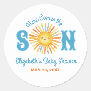 Hier komt het Baby shower van Son Sunshine Ronde Sticker
