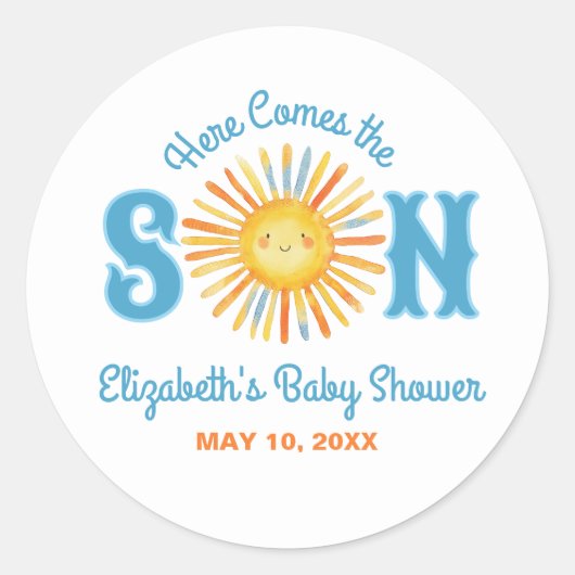 Hier komt het Baby shower van Son Sunshine Ronde Sticker (Voorkant)