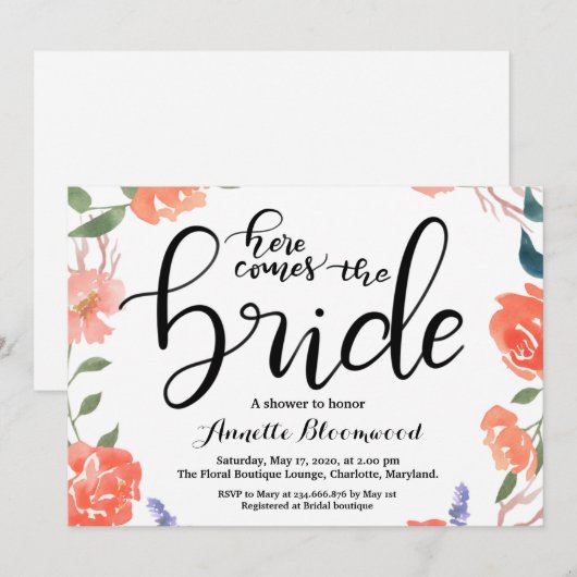 Hier komt het Bride Floral Vrijgezellenfeest Kaart (Voorkant / Achterkant)