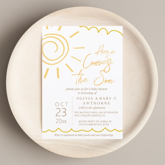 Hier komt het handgeschreven Baby shower van Son Kaart