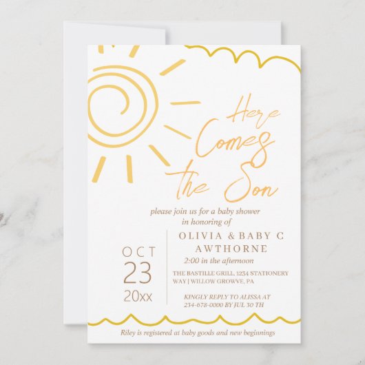 Hier komt het handgeschreven Baby shower van Son Kaart (Voorkant)