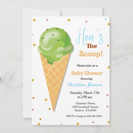 Hier komt het ijsschep baby shower kaart (Voorkant)