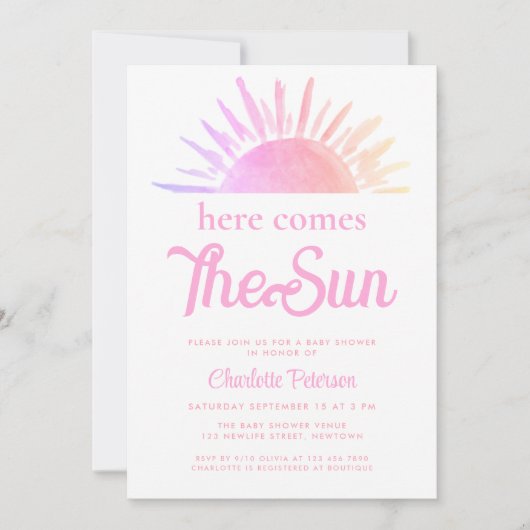 Hier komt het roze Baby shower Kaart (Voorkant)