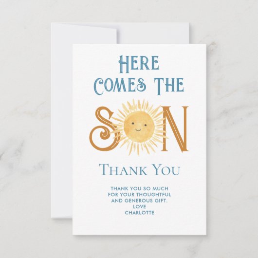 Hier komt het Son Baby shower bedankje Bedankkaart (Voorkant)