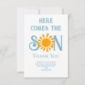 Hier komt het Son Baby shower bedankje Bedankkaart (Voorkant)