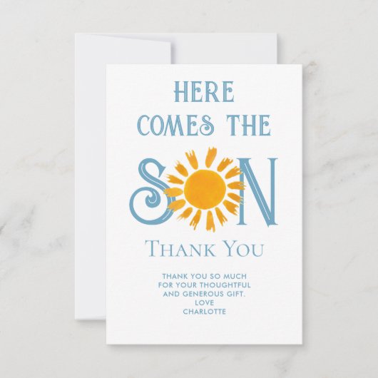 Hier komt het Son Baby shower bedankje Bedankkaart (Voorkant)
