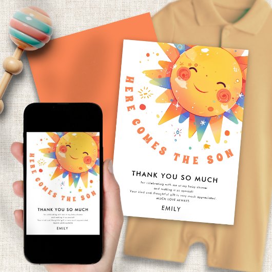 Hier komt het Son Baby shower bedankje Kaart