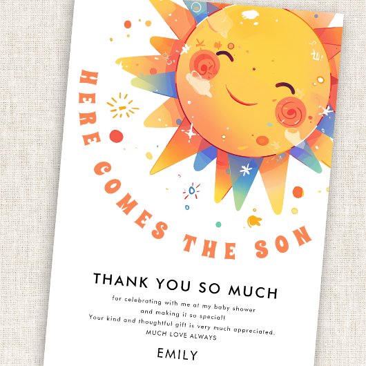 Hier komt het Son Baby shower bedankje Kaart