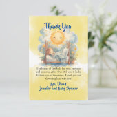 Hier komt het Son Baby shower DANK U Kaart (Staand voorkant)