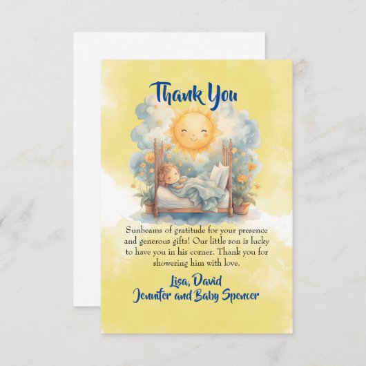 Hier komt het Son Baby shower DANK U Kaart (Voorkant / Achterkant)