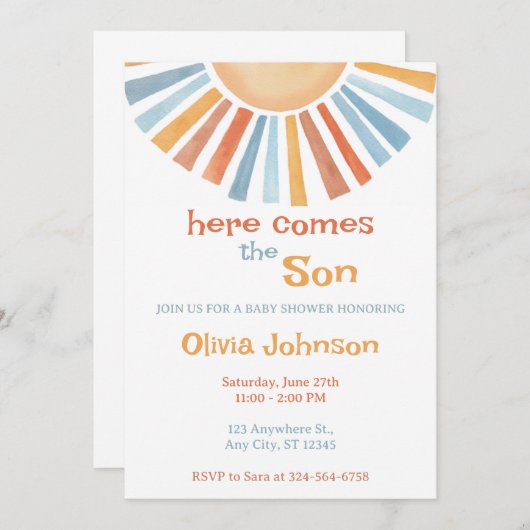 Hier komt het Son Baby shower Kaart (Voorkant / Achterkant)