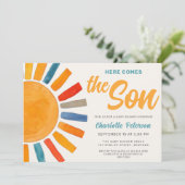 Hier komt het Son Baby shower Kaart (Staand voorkant)