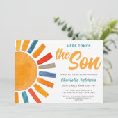 Hier komt het Son Baby shower Kaart (Staand voorkant)