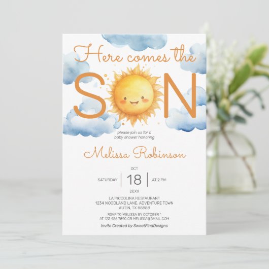 Hier komt het Son Baby shower Kaart (Staand voorkant)