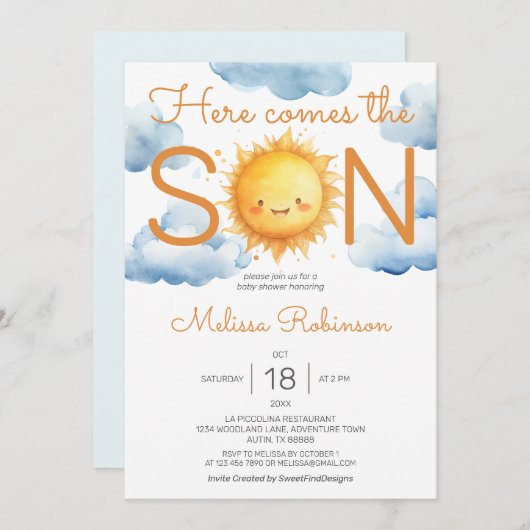 Hier komt het Son Baby shower Kaart (Voorkant / Achterkant)