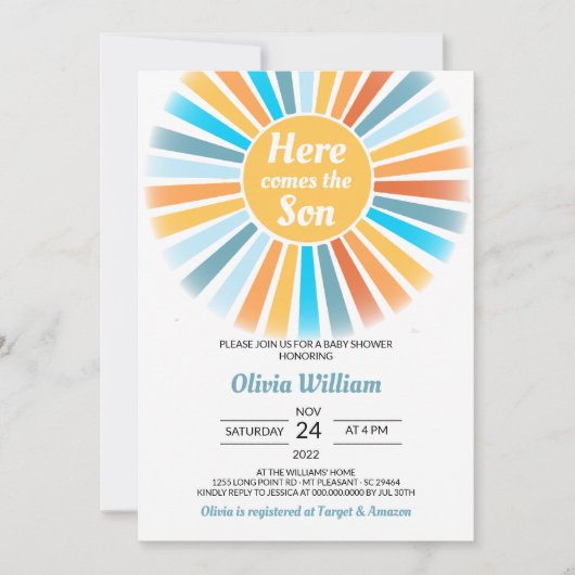 Hier komt het Son Baby shower Kaart (Voorkant)