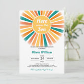 Hier komt het Son Baby shower Kaart (Staand voorkant)