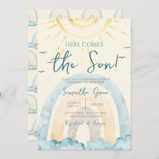 Hier komt het Son Baby shower Kaart (Voorkant / Achterkant)