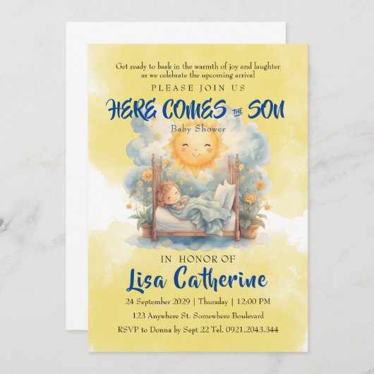 Hier komt het Son Baby shower Kaart (Voorkant / Achterkant)