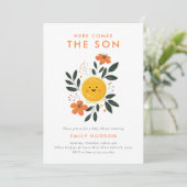 Hier komt het Son Baby shower Kaart (Staand voorkant)