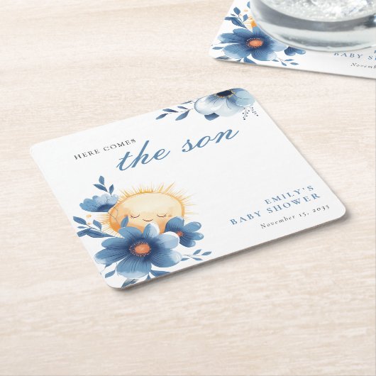 Hier komt het Son Baby shower Kartonnen Onderzetters (Schuin)