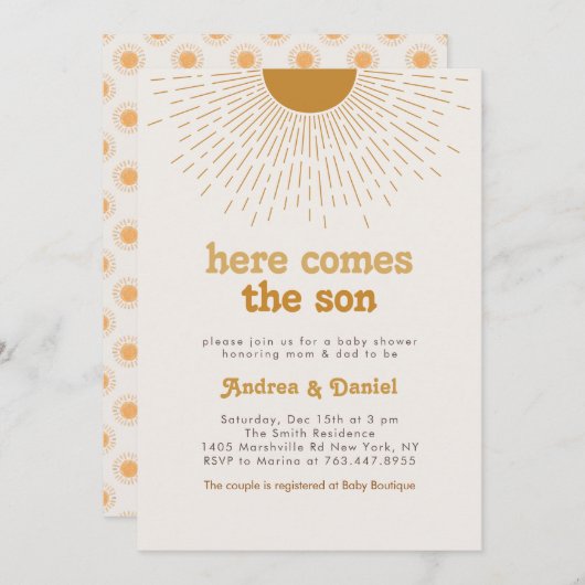 Hier komt het Son Baby shower Nove Boho Retro Kaart (Voorkant / Achterkant)