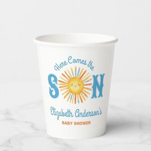 Hier komt het Son Baby shower Papieren Bekers (Achterkant)