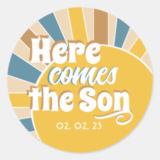 Hier komt het Son Baby shower Ronde Sticker