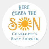 Hier komt het Son Baby shower Ronde Sticker (Voorkant)