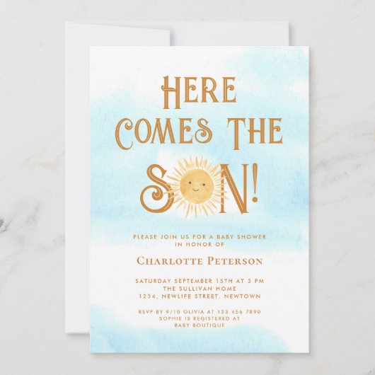 Hier komt het Son Blue Sky Baby shower Kaart (Voorkant)