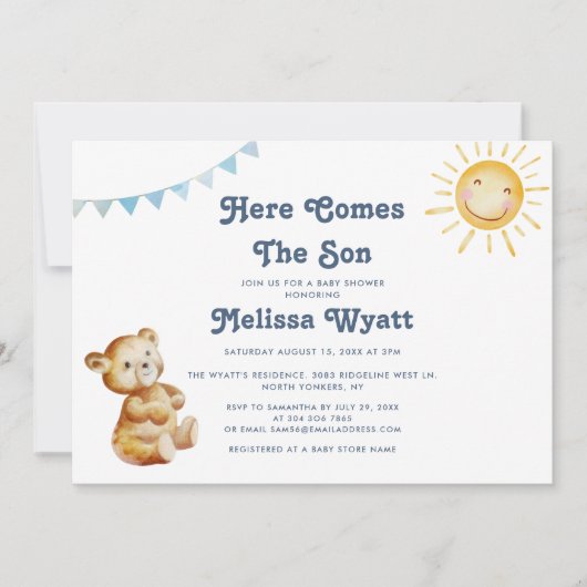 Hier komt het Son Boho Beer Boy Baby shower Kaart (Voorkant)