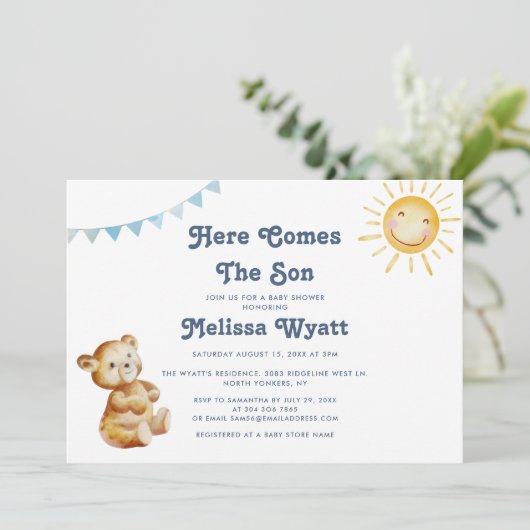 Hier komt het Son Boho Beer Boy Baby shower Kaart (Staand voorkant)