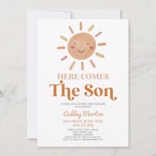 Hier komt het Son Boho Bohemian Retro Baby shower Kaart (Voorkant)