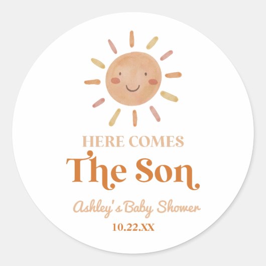 Hier komt het Son Boho Bohemian Retro Baby shower Ronde Sticker (Voorkant)
