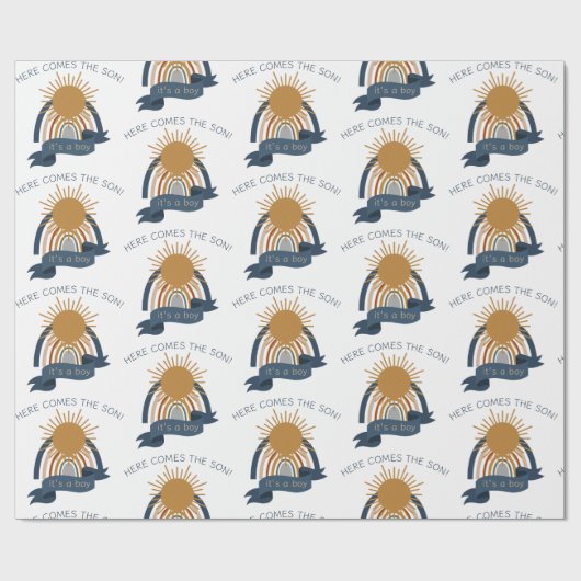 Hier komt het Son Boho Boy Baby shower Cadeaupapier (Vlak)